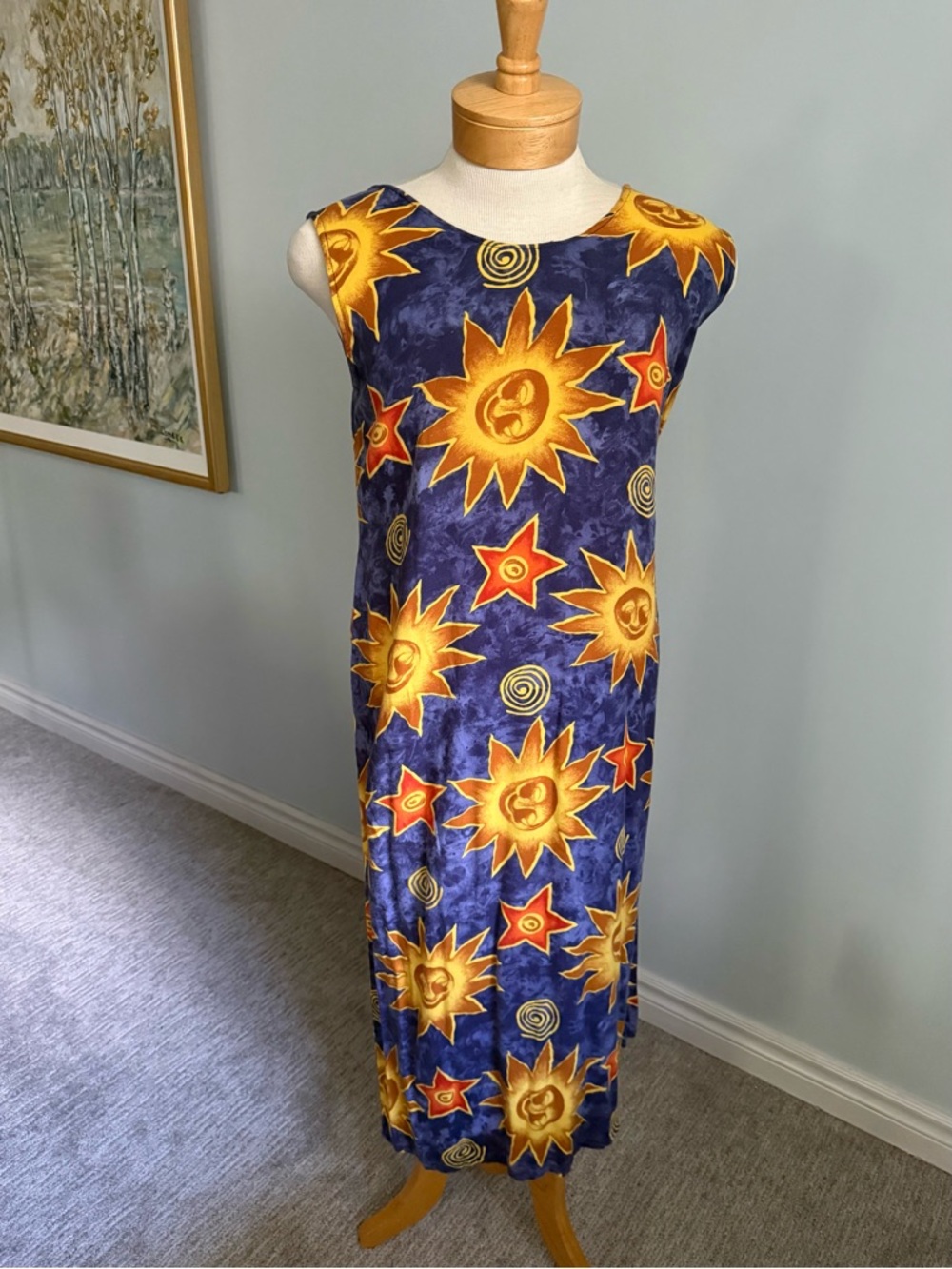 Vintage Sun Print Dress Rayon Celestial Boho Tie Back 90s Midi
